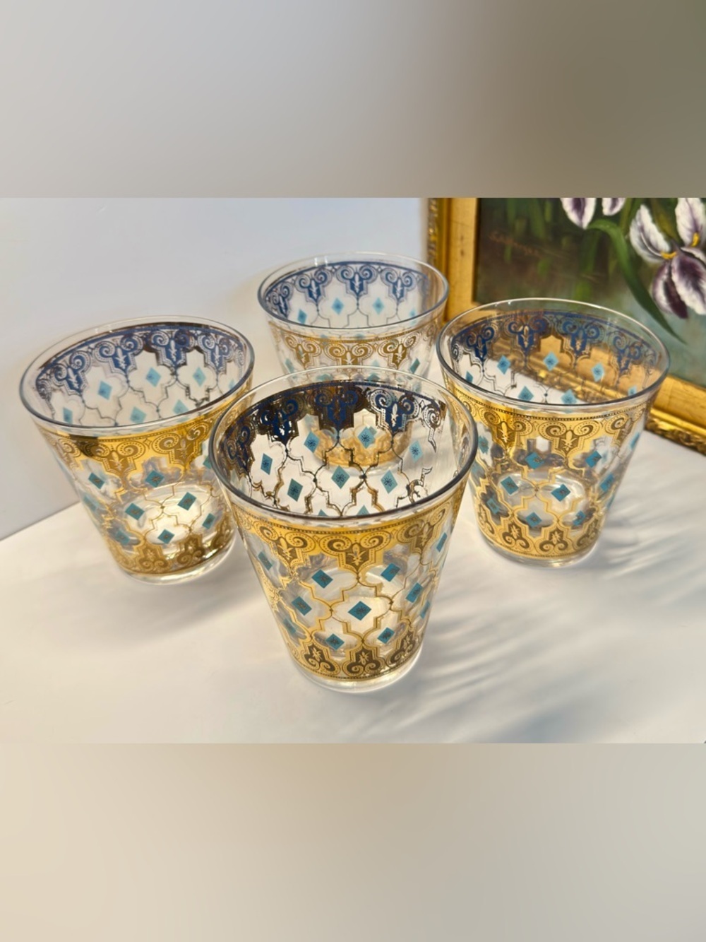 VTG Hollywood Regency MCM Culver Valencia 22K Gold Trellis Whiskey Glasses (4)